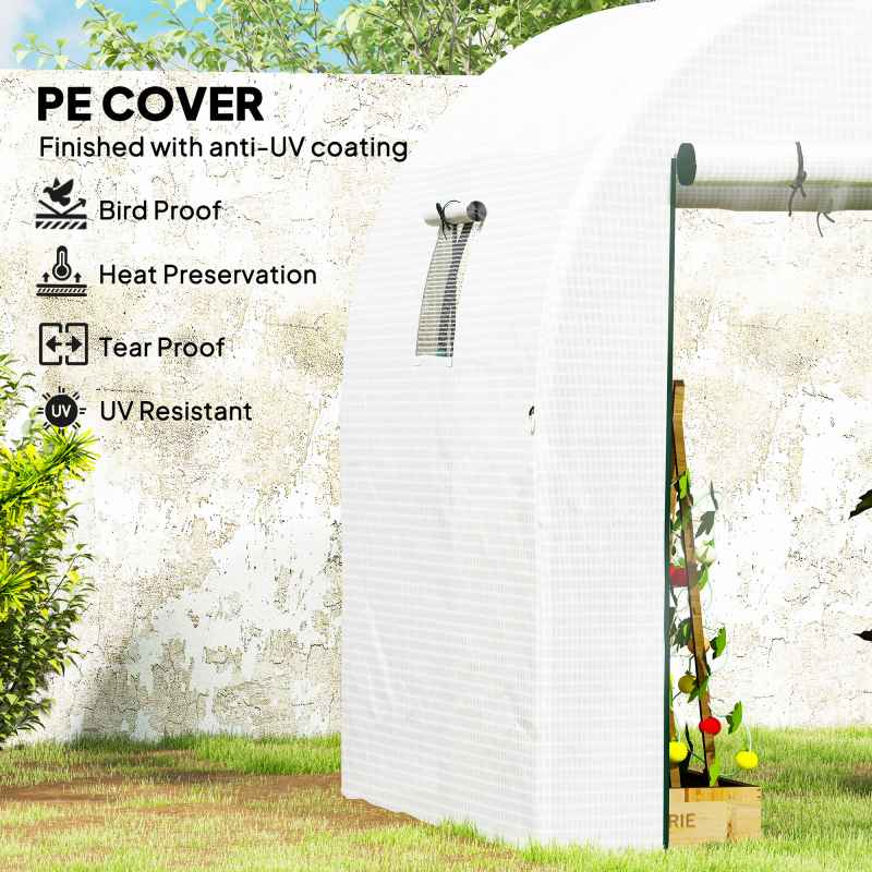 Outsunny 1.8 x 1.8 x 2m Polytunnel Greenhouse with Doors and Mesh Windows, Walk-in Grow House Tent with UV-resistant PE Cover and Steel Frame, White