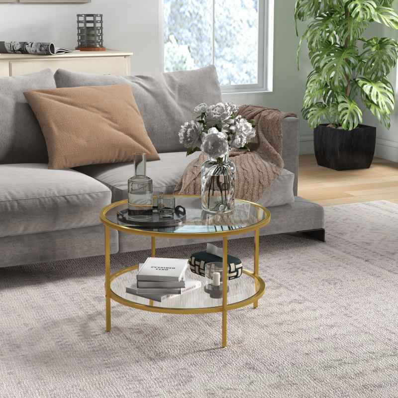 HOMCOM Round Coffee Table with Storage, 2-Tier Tempered Glass Coffee Table with Steel Frame for Living Room, Gold Tone