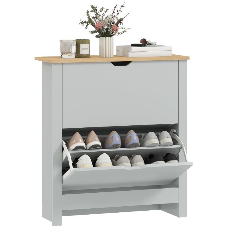 HOMCOM Narrow Shoe Cabinet, Space Saving Shoe Storage Cabinet with 2 Flip Drawers and Adjustable Shelves for 6-12 Pairs of Shoes for Hallways and Living Room, Light Grey