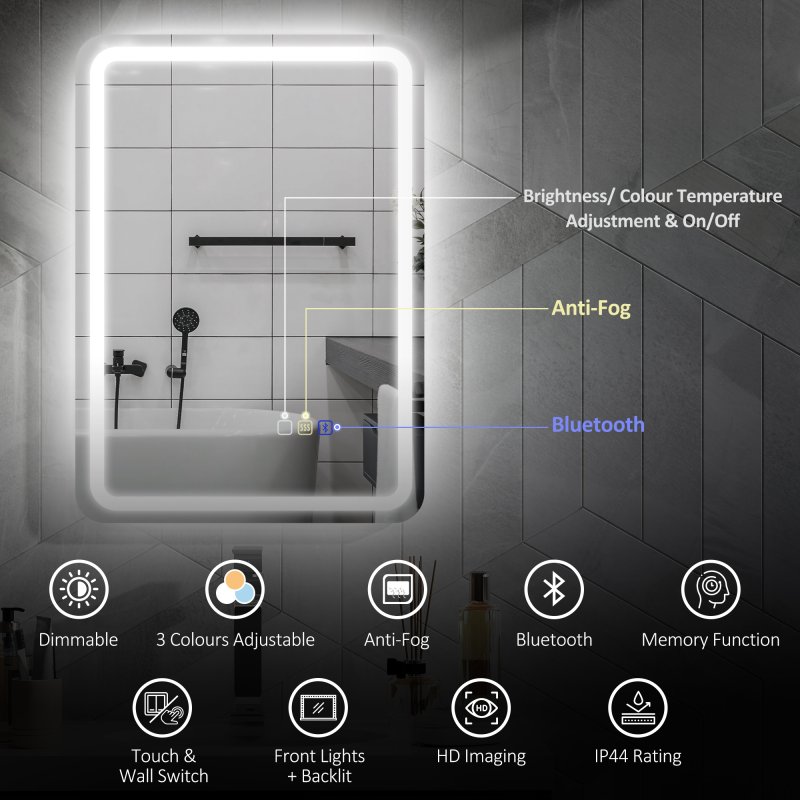 HOMCOM Bluetooth Bathroom Mirror with LED Lights, Illuminated Backlit Wall Mounted Vanity Mirror with 3 Colours Dimmable, Clock, Anti-Fog, Memory & Touch Switch, IP44