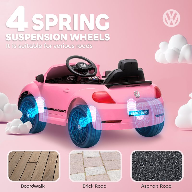 AIYAPLAY Volkswagen Beetle Licensed Ride on Car, 12V Kids Electric Car with Remote Control, 4 Spring Suspension Wheels, Soft Start, Headlights, FM Radio, Music, Horn, Pink