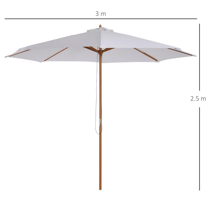 Outsunny 3(m) Garden Parasol, Pulley Operated Patio Umbrella, Wooden Parasol, Table Market Umbrella with Rope Pulley Mechanism and 8 Ribs, White