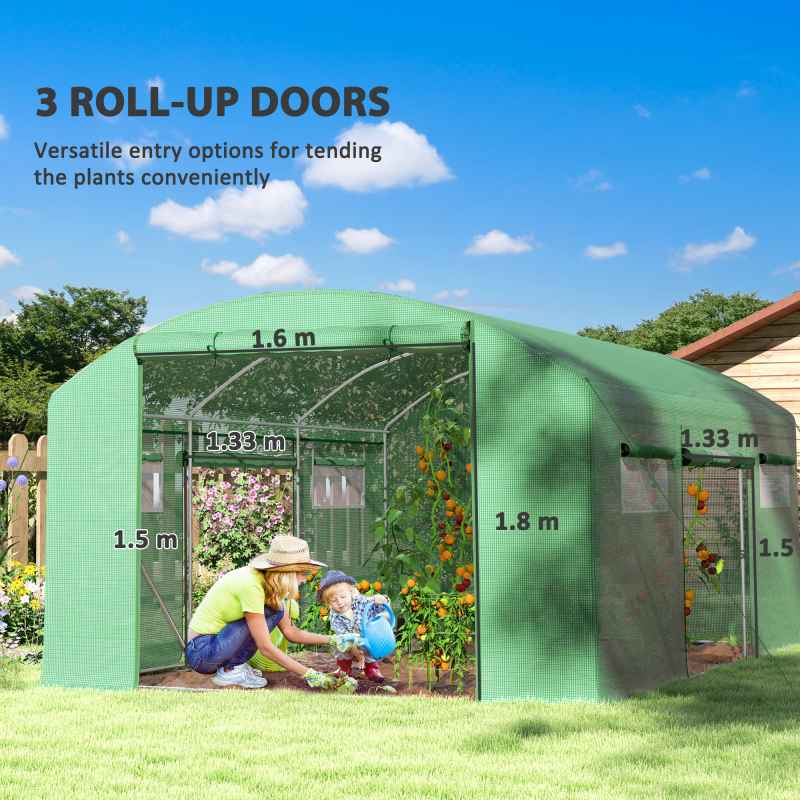 Outsunny 4 x 3 x 2m Polytunnel Greenhouse with 3 Roll-up Doors and Mesh Windows, Walk-in Garden Tunnel Warm House Tent with UV-resistant PE Cover and Galvanised Steel Frame, Green