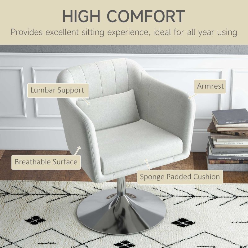 HOMCOM Swivel Linen Fabric Accent Chair for Living Room Contemporary Vanity Armchair with Adjustable Height Thick Cushion Lumbar Support Armrest for Bedroom Office Cream White