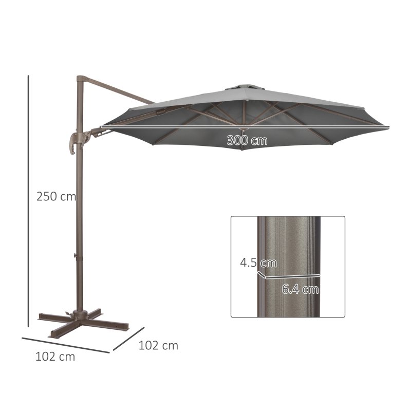 Outsunny 3(m) Cantilever Parasol 360 Rotation Roma Umbrella Hanging Sun Shade with Aluminium Frame, Tilt Crank, 8 Ribs and Cross Base, Dark Grey