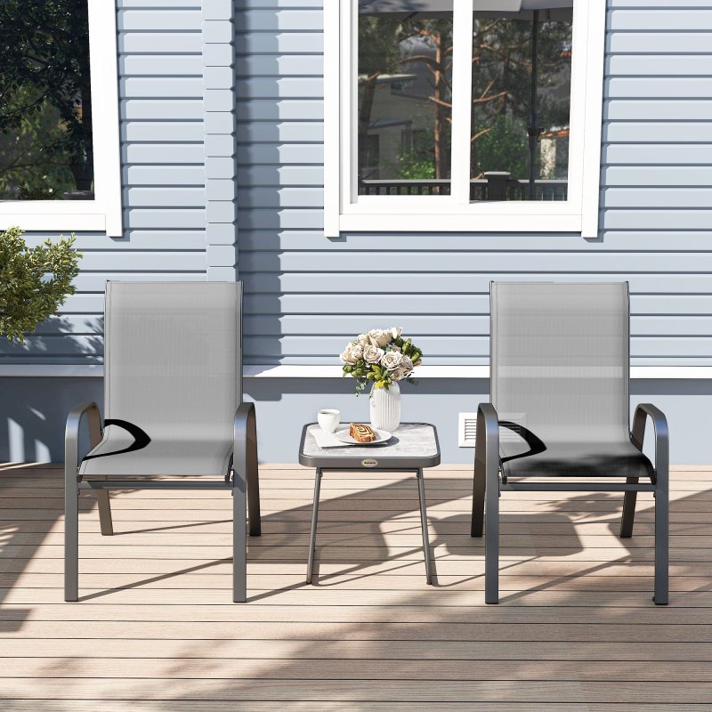 Outsunny 3 Pieces Outdoor Bistro Set, Patio Stackable Armchairs with Breathable Mesh Fabric and SPC Board Coffee Table, Light Grey