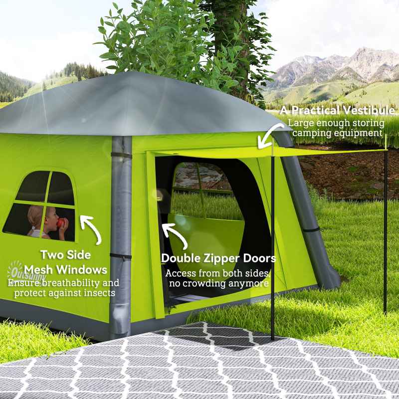 Outsunny Inflatable Camping Tent w/ Hand Pump, Easy Setup 1/2 Person Blow Up Tent Waterproof 190T Taffeta w/ Mesh Windows, Doors and Carry Bag, Green