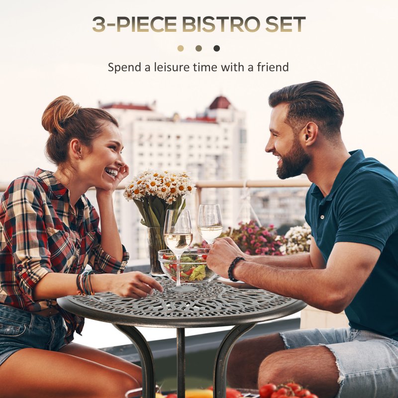 Outsunny 3 Piece Garden Bistro Set, Cast Aluminium Outdoor Furniture Set with Umbrella Hole for Balcony, Porch, Patio, Bronze Tone