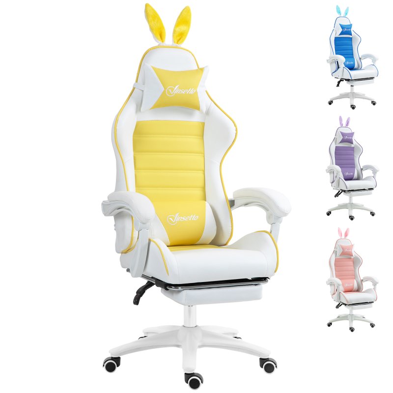 Vinsetto Reclining Racing Gaming Chair with Headrest and Lumber Support, PU Leather Computer Chair with Removable Rabbit Ears, Footrest, Yellow
