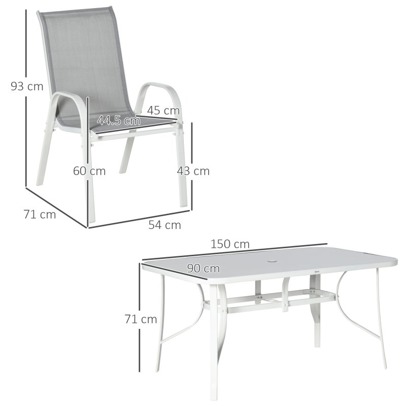 Outsunny 7 Piece Garden Dining Set with Dining Table and Chairs, 6 Seater Outdoor Furniture with Parasol Hole for Deck and Balcony, Grey