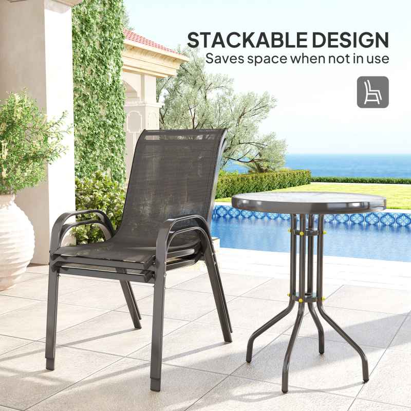 Outsunny 3 Pieces Garden Dining Set, 2 Seater Garden Furniture with High Back Stackable Chairs and Round Glass Top Table, Outdoor Bistro Set for Patio, Black