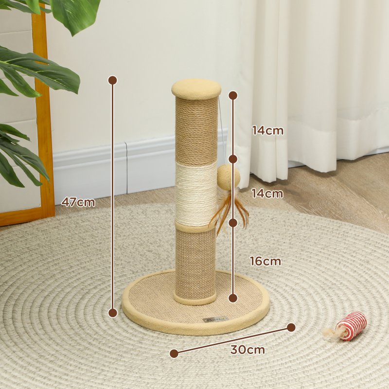 PawHut Cat Scratching Post for Indoor Cats, 47cm Tall Cat Scratcher with Jute Sisal Rope, Hessian fabric, Hanging Toy Ball, Feather, Kitty Climbing Tree with Anti-slip Base, Brown