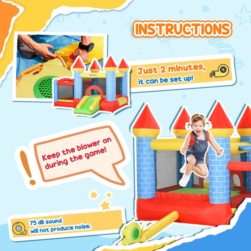 Outsunny Kids Bouncy Castle House Inflatable Trampoline Slide Water Pool Basket 4 in 1 with Blower Basketball Hoop for Kids Age 3-8 Castle Design 2.8 x 2.6 x 2.1m