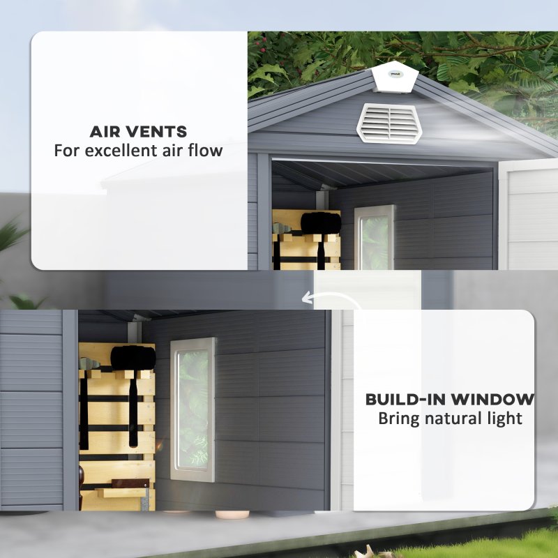 Outsunny 4 x 6ft Plastic Garden Storage Shed with Ventilation Slots and Lockable Door, Polypropylene Outdoor Storage Tool House with Foundation Kit, Grey