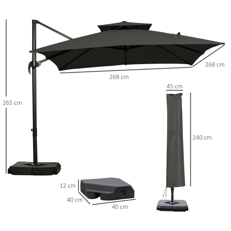 Outsunny 2.7 x 2.7(m) Cantilever Parasol with Aluminium Frame, Crank and Tilt, 360-Degree Rotation, Double Top Garden Umbrella with Base and Cover, Dark Grey