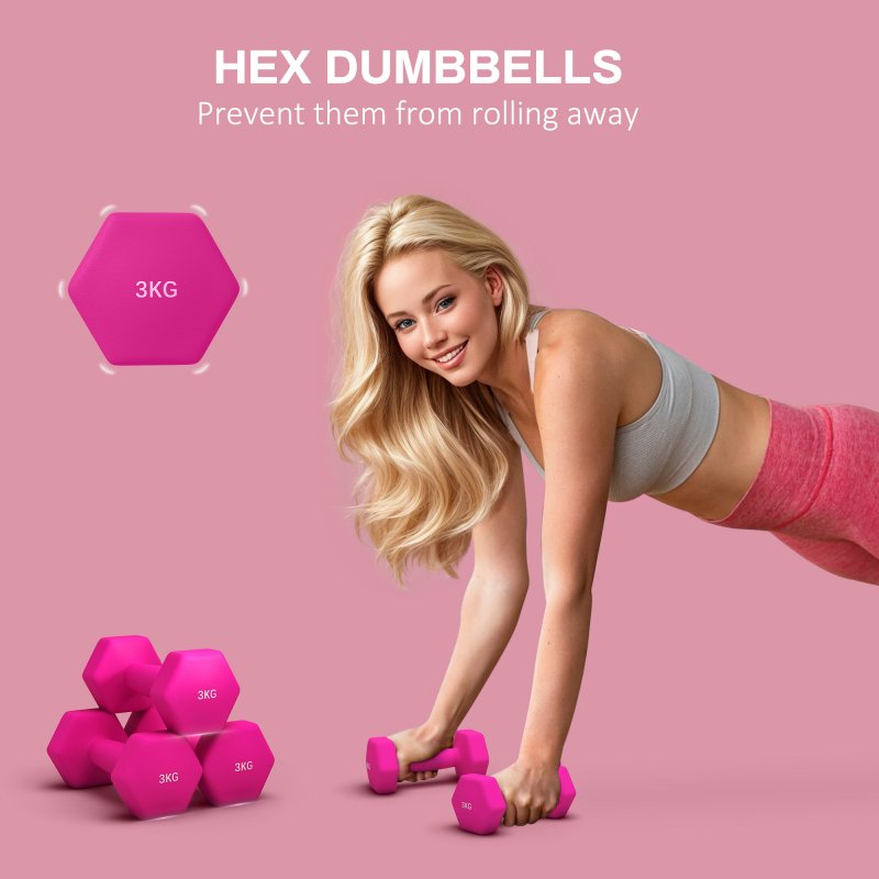 SPORTNOW Set of 2 Hex Dumbbells, Neoprene Weights Pair with Non-Slip Grip, Home Gym Fitness Training Equipment, 2 x 3kg, Pink