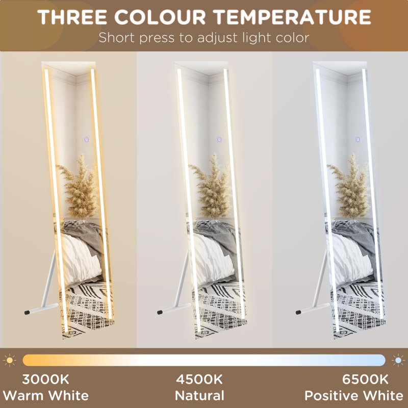 HOMCOM Full Length Mirror with LED Lights, 150x40cm Floor Mirror, Free Standing, Wall Mounted or Leaning, Full Size Body Mirror with Dimmable and 3 Colour Lighting for Bedroom, 23W, White