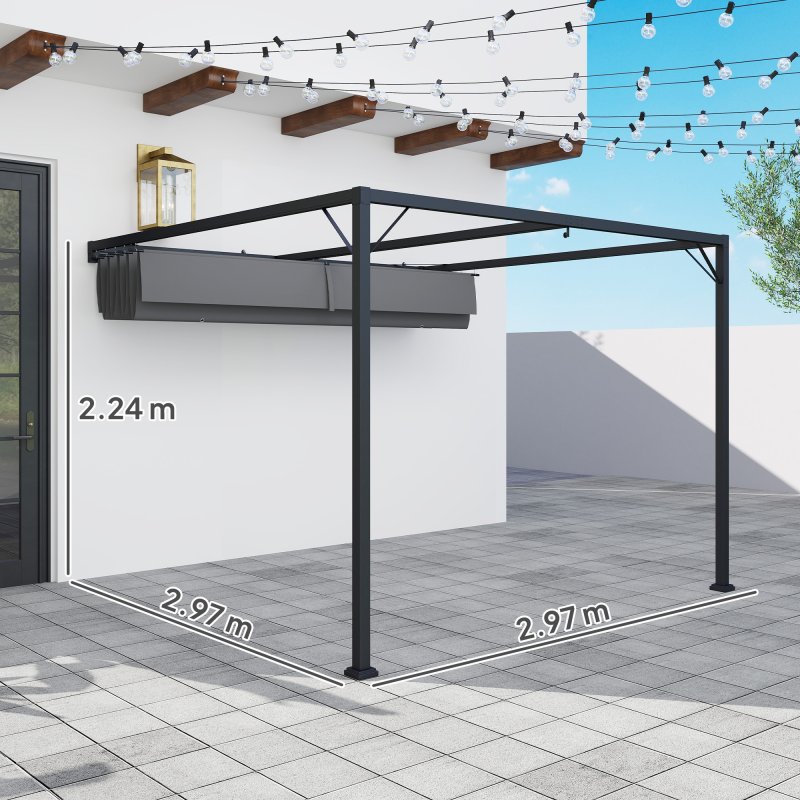 Outsunny 3 x 3(m) Outdoor Lean To Pergola Retractable Canopy Wall Mounted Gazebo Patio Shelter Sun Shade, Grey