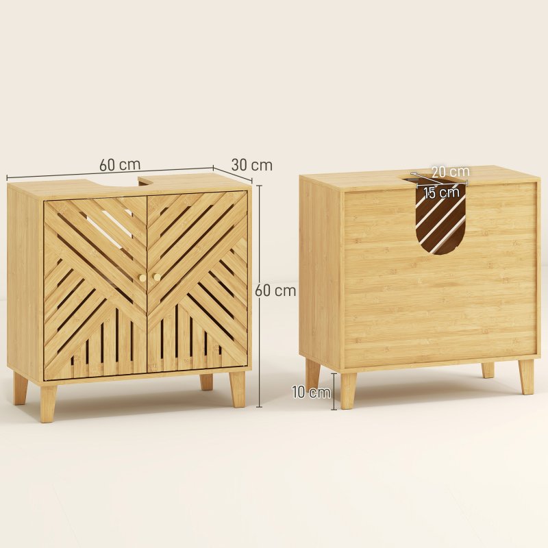 HOMCOM Under Sink Bathroom Cabinet, Bamboo Freestanding Under Sink Cabinet with Adjustable Shelf and Slat Doors for Basin without Pedestal, Natural