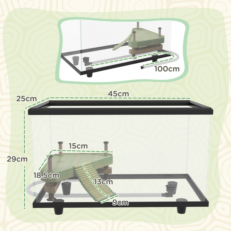 PawHut Turtle Tank, 28L Glass Turtle Aquarium with Basking Platform, Ramp, Easy Drainage, Strip Patch Thermometer, for Small Turtles, 45 x 25 x 29cm