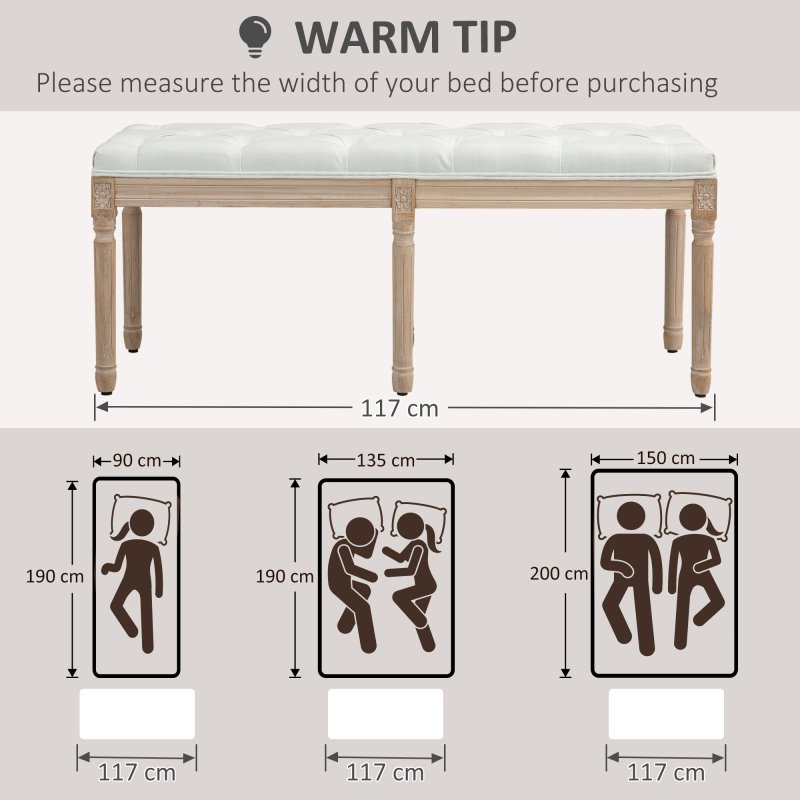 HOMCOM Bedroom End of Bed Bench, 117cm French Vintage Bench with Thick Padding and Wood Legs, Button Tufted Bench for Entryway Living Room Bedroom Decor, Cream White
