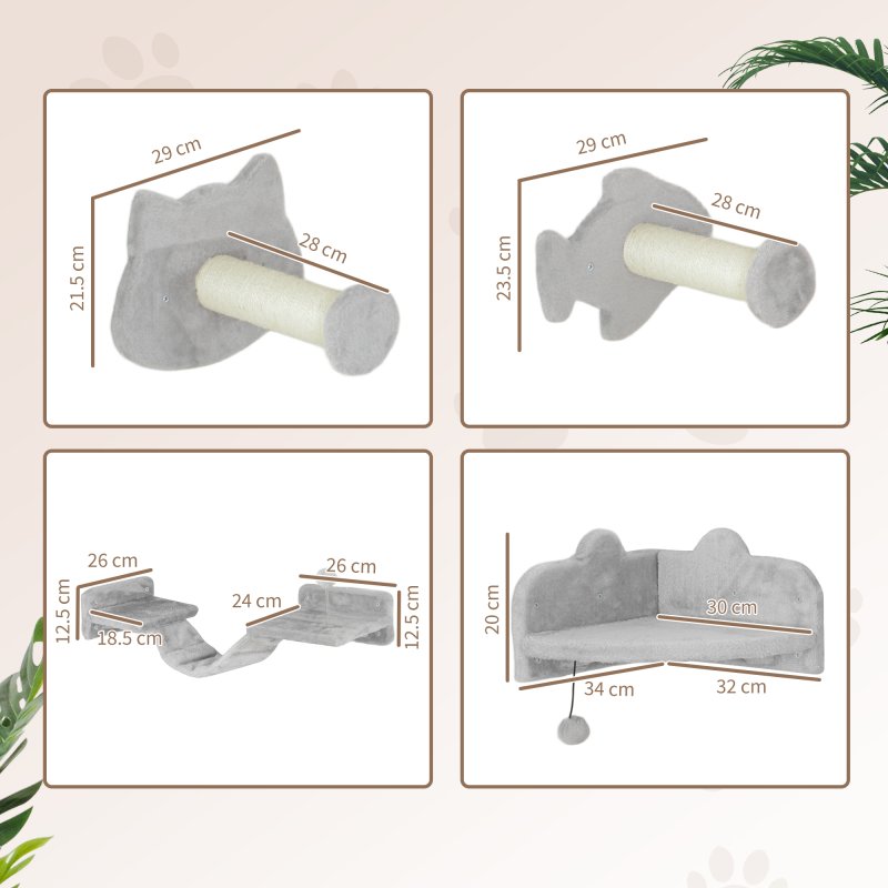 PawHut Cat Wall Shelves, 4 Piece Wall-Mounted Cat Tree with Steps, Ladder, Jumping Platforms, Scratching Posts, Toy Ball, Cat Wall Furniture for Indoor Cats, Light Grey