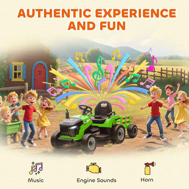 AIYAPLAY Ride on Tractor with Trailer, 12V Electric Vehicle with Remote Control, Ride on Car for Kids with Music, Shifter, Start-Up Sound for Ages 3-8 Years, Green