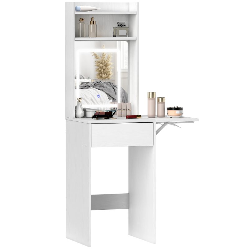 HOMCOM Small Dressing Table with Mirror and Adjustable LED Lights, Modern Vanity Desk with Drop Leaf, Open Shelves and Drawer, Compact Makeup Table for Small Spaces, Bedroom, White