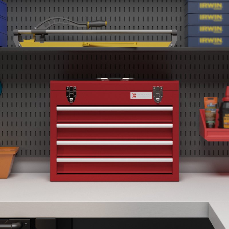 DURHAND 4 Drawer Tool Chest, Lockable Metal Tool Box with Ball Bearing Runners, Portable Toolbox, 510mm x 220mm x 395mm, Red