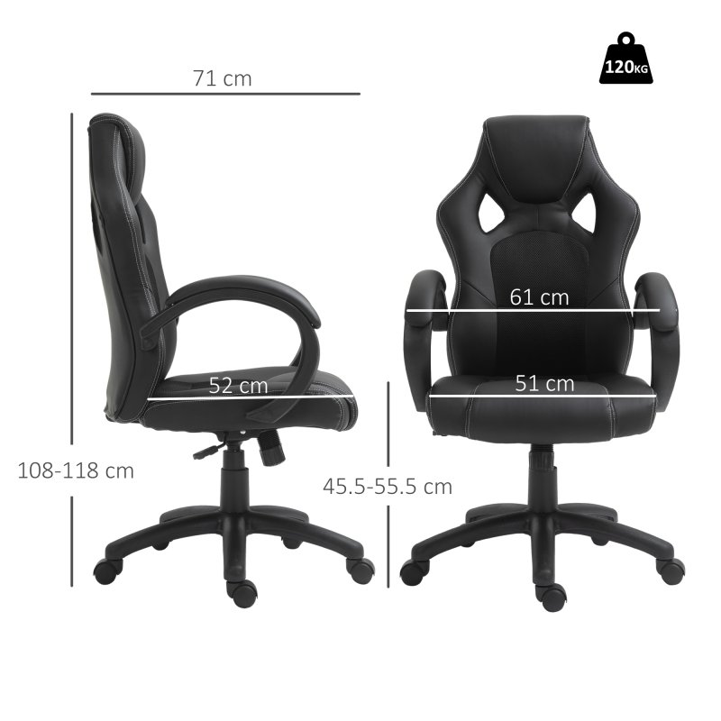 Vinsetto Gaming Chair Faux Leather Swivel Computer Racing Gamer Desk Chair for Home Office with Wheels, Black