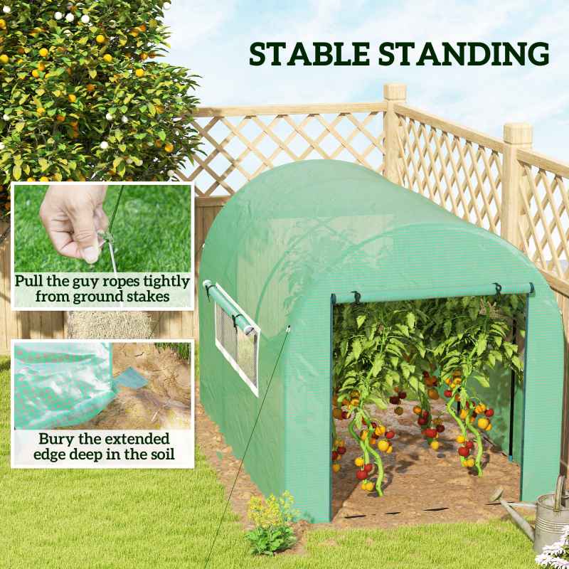 Outsunny 3 x 2 x 2m Polytunnel Greenhouse with Doors and Mesh Windows, Walk-in Grow House Tent with UV-resistant PE Cover and Steel Frame, Green
