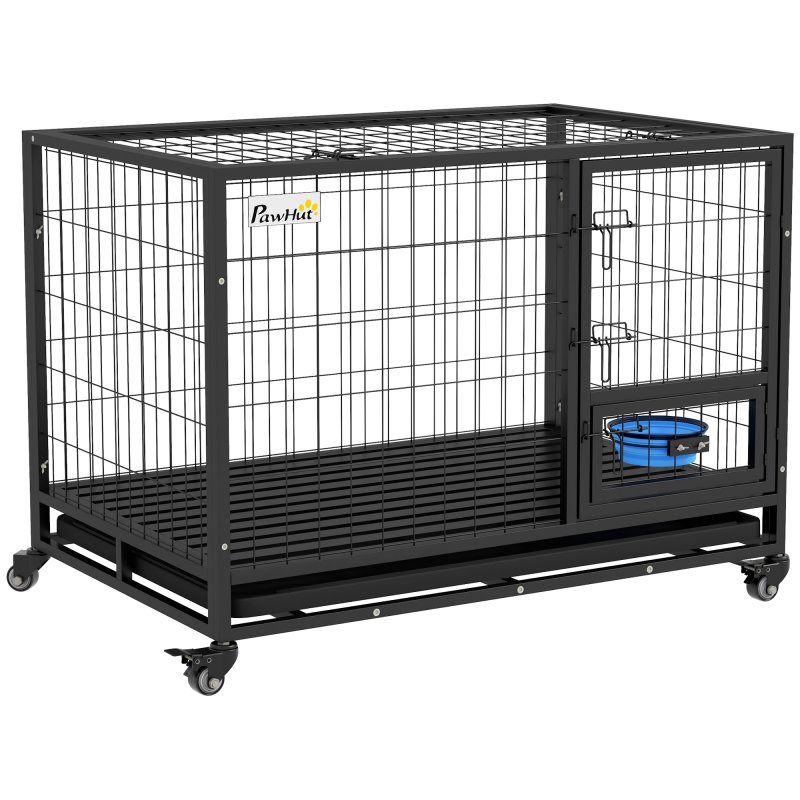 PawHut 43" Heavy Duty Dog Crate with Bowl Holder, Dog Cage on Wheels with Removable Tray, Openable Top, Detachable Door, Indoor Outdoor Use, for Large and Extra Large Dogs - Black