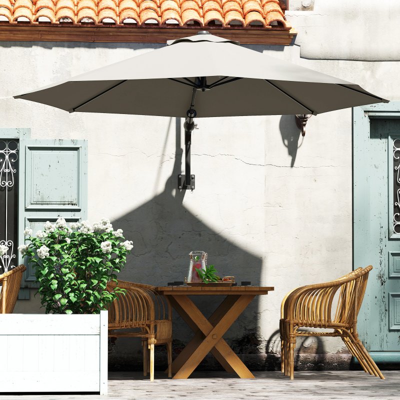 Outsunny 3 M Wall Mounted Garden Parasol Umbrella with Rotate, Outdoor Market Umbrella Sun Shade Canopy with 8 Ribs, Light Grey