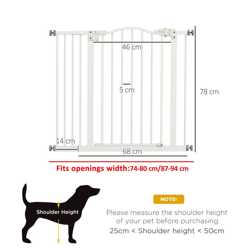 PawHut Pressure Fit Dog Stair Gate No Drilling Safety Gate Auto Close for Doorways, Hallways, 74-94cm Adjustable, 78cm Tall, White