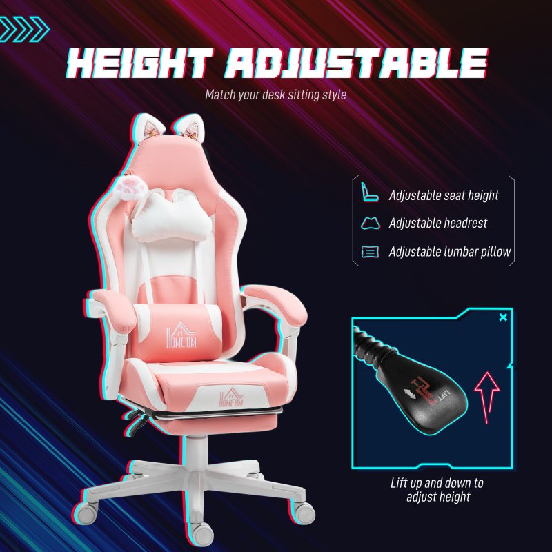 HOMCOM Gaming Chair for Adults with Cat Ears, Faux Leather Reclining Computer Chair with Footrest, Lumbar Support and Headrest, Height Adjustable Swivel Seat, Pink
