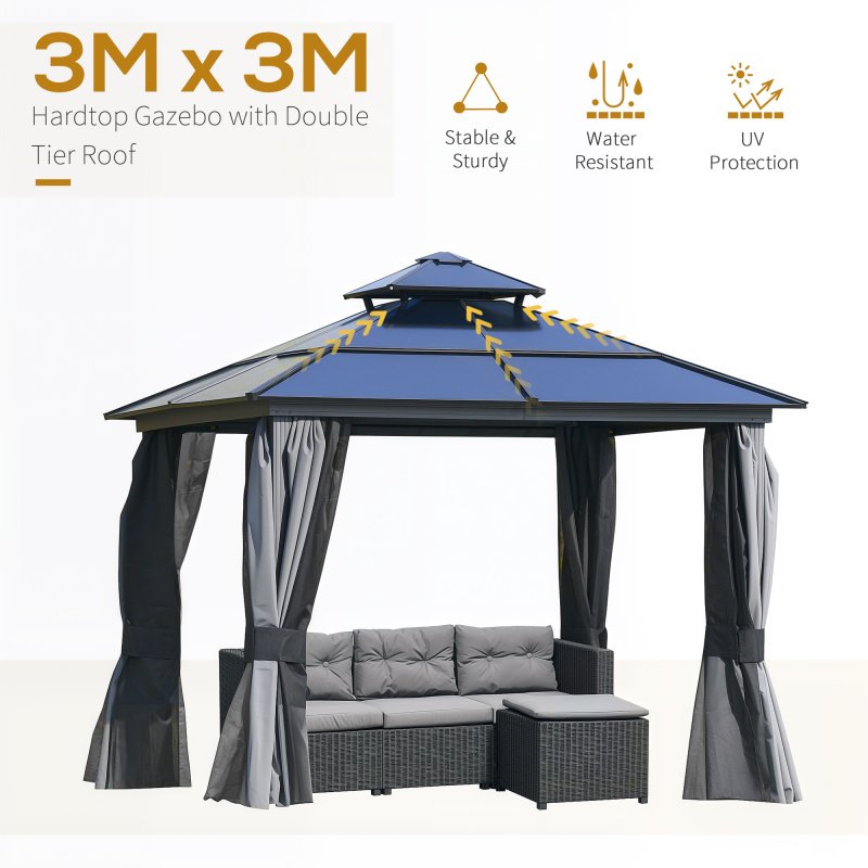 Outsunny 3 x 3(m) Polycarbonate Hardtop Gazebo Canopy with Double-Tier Roof and Aluminium Frame, Garden Pavilion with Mosquito Netting and Curtains