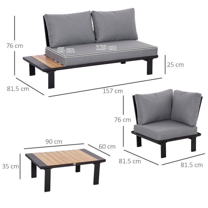 Outsunny 4 Pieces Aluminium Garden Furniture Sets with Thick Padded Cushion, 5 Seater Outdoor L Shape Corner Sofa Conversation Set, w/ Coffee Table and Sofa Side Table for Patio, Deck, Dark Grey