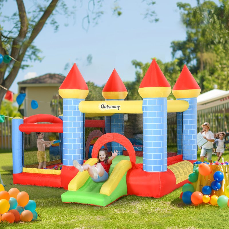 Outsunny Kids Bouncy Castle House Inflatable Trampoline Slide Water Pool Basket 4 in 1 with Blower Basketball Hoop for Kids Age 3-8 Castle Design 2.8 x 2.6 x 2.1m