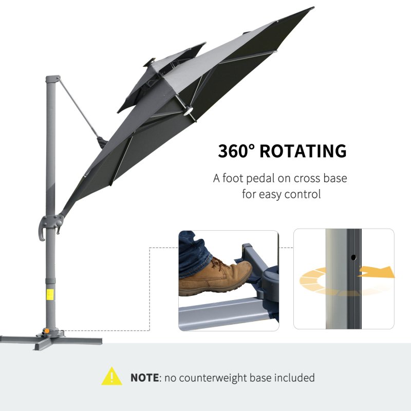 Outsunny 3(m) Cantilever Roma Parasol with LED Solar Lights, Crank & Tilt, Aluminium Frame, Cross Base and Adjustable Canopy 360 Degrees Rotating Sun Umbrella with 2-Tier Shade, Grey