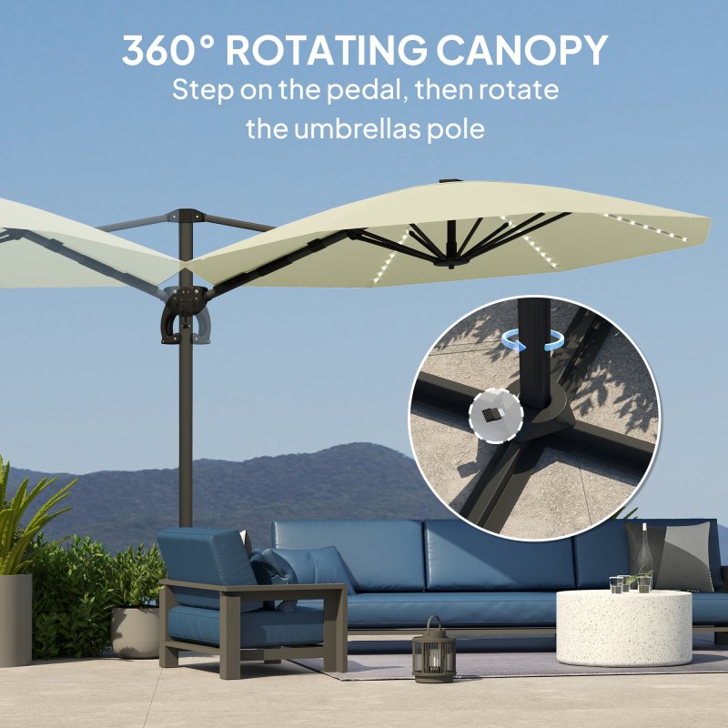 Outsunny 3(m) Cantilever Garden Parasol with Solar Powered Lights, Fibreglass Ribs, Crank Handle & Cross Base, UPF 50+, 360 Rotation, Overhanging Patio Umbrella for Patio Market, Cream