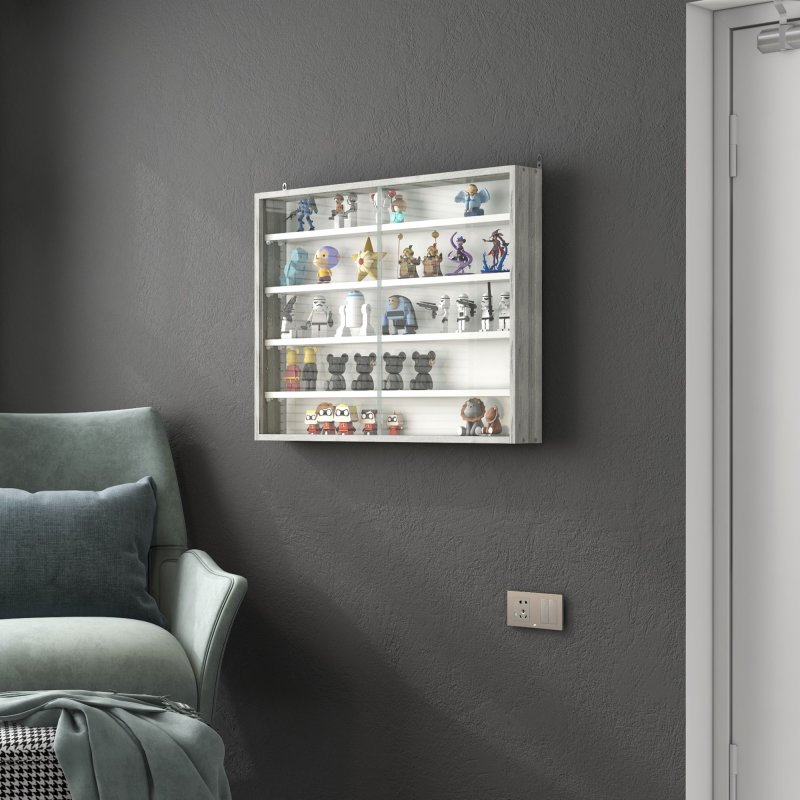 HOMCOM 5-Tier Wall Mounted Display Cabinet, Display Case with 4 Adjustable Shelves, Glass Doors for Home Office Ornaments 60x80cm, Grey Wood Grain