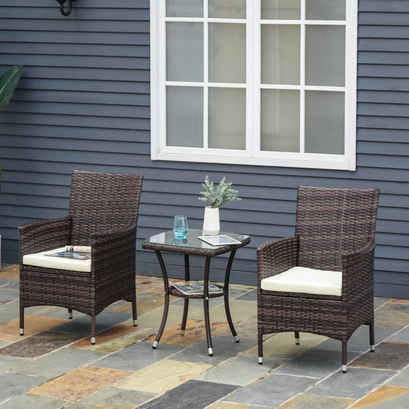 Outsunny 3 Pieces Rattan Bistro Set, Wicker Garden Furniture Set with 2-Tier Coffee Table and Chairs, Cushions, for Outdoor Patio Balcony, Brown