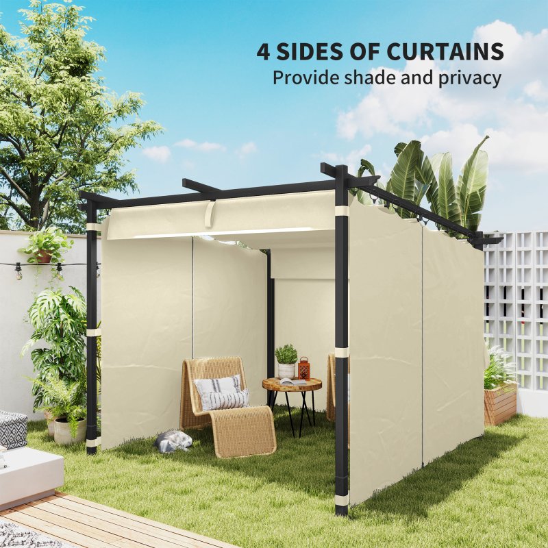 Outsunny 3 x 3(m) Metal Pergola with Retractable Roof and Sidewalls, Garden Gazebo UPF30+ Sun Shade Shelter for Outdoor, Patio, Deck, Beige