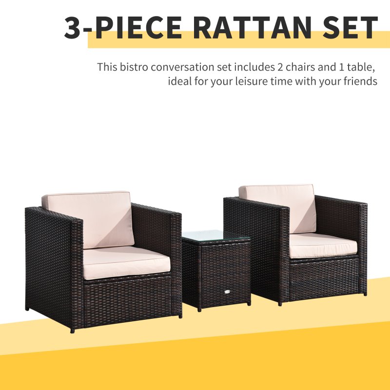 Outsunny 3 Pieces Rattan Bistro Set, Wicker Garden Furniture Set with Glass Top Coffee Table and Chairs, Thickened Washable Cushions for Outdoor, Patio, Balcony, Brown