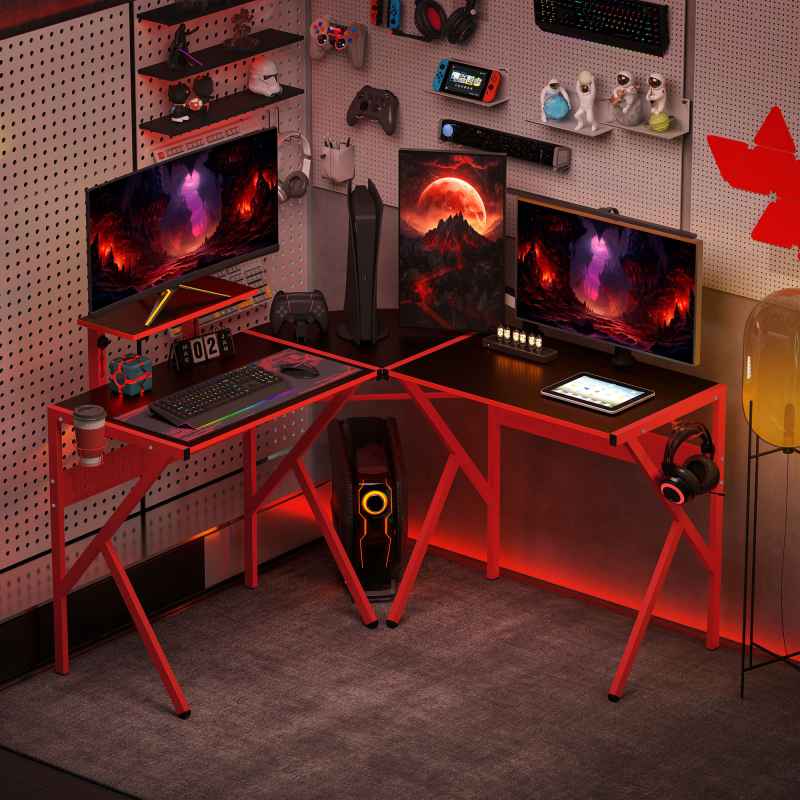 HOMCOM Gaming Desk L-Shaped Corner Computer Table for Home Office PC Workstations with Adjustable Monitor Stand Cup Holder Headphone Hook 125x125x75cm, Red