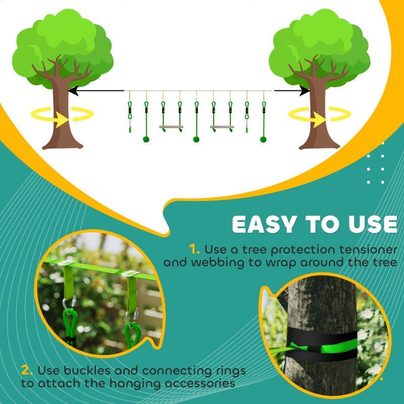 AIYAPLAY Zip Line for Kids Outdoor Adventures,7 Piece 10m Kids Slackline Kit with Wooden Monkey Bars, Metal Rings, Gripping Balls, Toddler Zip Line for Garden, Green