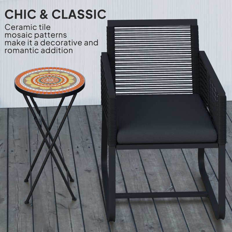 Outsunny Mosaic Outdoor Garden Table, 35.5cm Round Folding Coffee Table with Metal Frame for Balcony Terrace, Orange