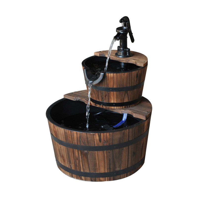 Outsunny Wooden 2-Tier Barrel Water Fountain with Pump Freestanding Cascading Feature Self Contained Water Pump Garden Decoration