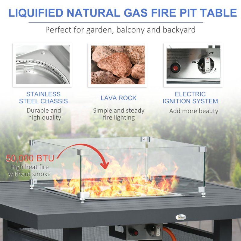 Outsunny 6-Piece Aluminium Garden Furniture Set with Fire Pit Table, Outdoor Dining Sofa Set with Cushions, Loveseats and Footstools, Sectional Corner Conservatory Furniture for Patio, Grey