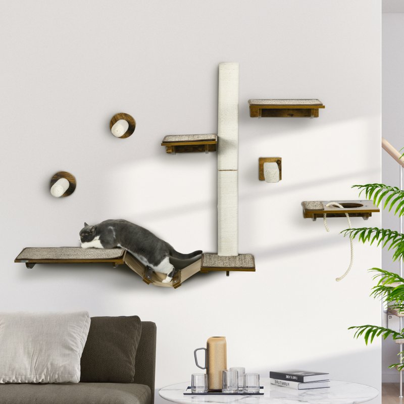 PawHut 8Pcs Cat Shelves, Cat Wall Furniture with Scratching Posts, Perches, Ladder, Wall Mounted Cat Tree for Sleeping, Playing, Lounging - Brown